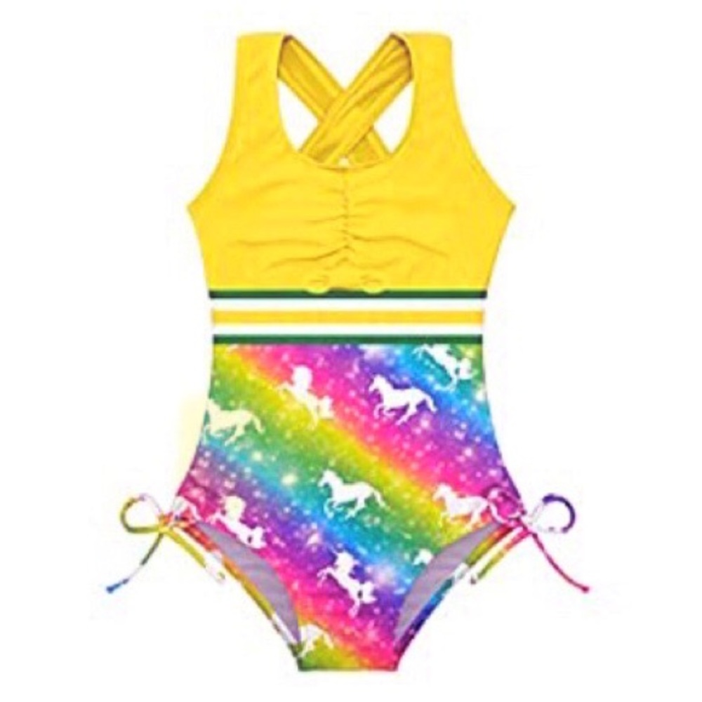 NWT Girls one-piece swimsuit, rainbow colors, bright yellow, unicorns, stripes.